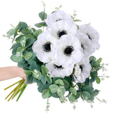10 Pcs Artificial Anemone Poppy White Flowers And Green Eucalyptus Stems Decor Fake Silk Flowers Greenery Branches Leaves Faux Flowers Floral Arrangements For Wedding Bouquet Garland Vase Centerpiece
