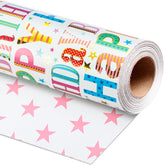 Birthday Wrapping Paper Roll - Colorful Happy Birthday Letters With Metallic Foil Shine & Pink Stars Reversible Gift Wrap For Baby Shower, Party, Holiday - Mini Roll - 17 Inch X 16.5 Feet
