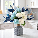 Blue Artificial Flower Bouquet In Ceramic Vase, White And Blue Ball Chrysanthemum With Eucalyptus, Minimalist Desk Decor For Office Home Centerpiece