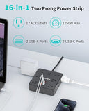12 Outlet 2 Prong Power Strip 4 USB Ports 6FT Extension Cord 1700J Flat Plug Black