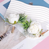 2 Pcs White Corsage And Boutonniere Set Artificial Rose Corsage Writlet Band Faux Pearl Bracelet For Prom Decor And Boutonniere For Men Wedding Party Suit Flower Accessories