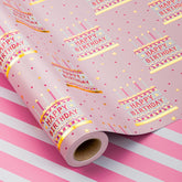 Pink Birthday Wrapping Paper Roll - 17 Inch X 33 Feet - Girly Shiny Metallic Pink Birthday Cake Pattern Reversible Gift Wrap Paper Pastel For Girl Baby Shower Wedding Bridal Shower