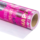Birthday Wrapping Paper - Mini Roll - 17 Inch X 16.5 Feet - Gold Foil Hot Pink Happy Birthday Wrapping Paper For Kids, Girls, Women, Baby Shower