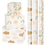 Baby Shower Wrapping Paper Roll, Baby Suit Rainbow Sun Sweet Clouds In Khaki, For Baby Boys Girls, 1St Birthday, Newborn Party, Mini Roll With Cut Lines, 17 X 120 Inches, 3 Rolls