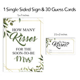 How Many Kisses For The Soon To Be Mrs Greenery White Bridal Shower Game 1 Sign + 30 Cards