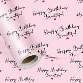 Happy Birthday Wrapping Paper Roll For Her – Pink Gift Wrap With “Happy Birthday Beautiful” Script & Heart Design, Perfect For Women, Wife, Girlfriend, Girls, Mini Roll 17 In X 16.4 Ft