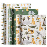 Kraft Baby Shower Wrapping Paper - Mini Roll - 3 Rolls - 17 Inch X 120 Inch - Jungle Animal Wrapping Ppaer For Neutral Baby Shower, Kids Boys Girls Birthday