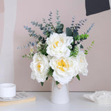 Artificial Peony Flower Arrangement In Vase, 16" Faux Flowers With Eucalyptus Stems And Decorative Leaves, White Ceramic Vase With Jute Rope & Heart Charm, Table Centerpiece For Farmhouse Decor