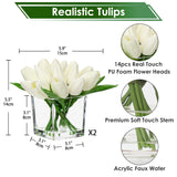 Artificial White Tulips In Vase With Faux Water 5.5" Real Touch Flowers Fake Tulips Small Flowers Arrangement In Cube Glass Vase For Mother'S Day Table Centerpiece Wedding Home Decor