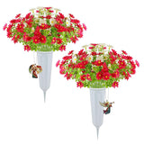 Cemetery Artificial Flowers With Vase Angel Mark - 2 Set Artificial Red Chrysanthemums Grave Memorial Flowers- Prayer Angel & Trumpet Angel Memorial Pendant For Headstones Gravesite Decoration