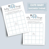 Blue Elephant Baby Shower Bingo Game - Blank Cards For Guests To Fill In Gift Guesses - Boys Jungle Animal Theme - 25 Pack