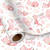 Pink Fox Wrapping Paper Roll For Kids Girls, Sweet Baby Fox With Clouds Stars Balloons Hearts Gift Wrap For 1St Baby Girl Birthday, Baby Shower, Newborn Party Gift, 17 In X 16.4 Ft