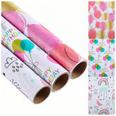Gift Birthday Wrapping Paper, 3 Mini Rolls, 17 Inch X 9.8 Feet, Balloons, Rainbow And Sky Elements Design For Birthday, Valentines, Mothers Day, Celebration, Holiday, Party, Baby Shower