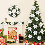 10Pcs Christmas Magnolia Flowers White Silver Artificial Flowers For Holiday Party Home Vase Decoration Glitter Velvet Magnolia Stems For Christmas Tree Wreath Decor
