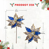 3Pcs Poinsettia Christmas Flowers Artificial 11" Large Blue And Gold Glitter Poinsettia Flowers Christmas Tree Ornaments Floral Picks For Tree Wreath Garland Vase Table Centerpiece Home Decor