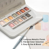 Metallic Watercolor Paint Set 12 Colors, Travel Water Colors With Paints Brushes, Crafts Painting Supplies, Shimmer Metallic Colourful Paints Sest, Drawing Gifts For Teens Adults Artists (Gold)