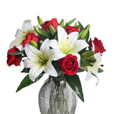 Artificial Valentines Flowers With Lillies Roses Artificial Spring Flowers Silk Flower Arrangements For Valentine'S Day Cemetery Home Party Wedding Table Centerpieces (White & Red)