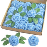 Artificial Rose, 25Pcs Foam Artificial Flowers With Stem For Home Decorations, Wedding Bouquets, Party, Certerpieces, Anniversaries-Aqua Blue