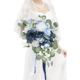 11 Inch Dusty Blue Wedding Bouquets For Bride White Navy Blue Artificial Roses Flower Cascading Bridal Bouquet For Rustic Boho Fall Vintage Wedding Ceremony Party And Anniversary