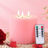 Valentine'S Day Pink Extra Large Flameless Candles 6'' X 6'' Led Battery Operated Real Wax 3 Wicks Flickering Pillar Candle With Remote Control Timer For Home Wedding Party Decoration