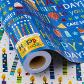 Blue Birthday Wrapping Paper Roll - Happy Birthday Lettering & Colorful Candles, Reversible Design For Boy Baby Shower, Party - Mini Roll - 17 Inch X 33 Feet