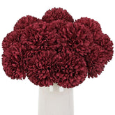 12 Pcs Artificial Burgundy Chrysanthemum Stems – 11” Tall Silk Mums Flower Heads With Green Leaves, Flexible Stems For Fall Floral Pick Arrangements, Home, Wedding & Seasonal Decorations