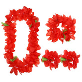 Hawaiian Leis Set For Luau Party 4Pcs Tropical Flower Ribbon Lei Necklace For Summer Beach Pool Graduation Dance Party Favor Decoration (Red)