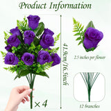 Artificial Rose Flowers - 4Bouquets Realistic Fake Silk Roses For Wedding Party Home Centerpieces Office Diy Cemetery Grave Decoration (Pack Of 4, Purple)