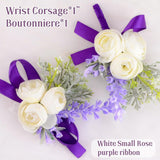 1 Set Wrist Corsage Flower, Artificial Wedding Wrist Corsage And Boutonniere Set Bride Hand Flower Men Boutonniere For Wedding Bridesmaid Party Prom Decorations, Purple Ribbon