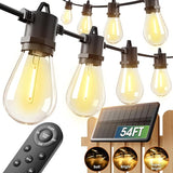 54FT Solar String Lights Outdoor Waterproof with USB Charging & Remote Dimmable Patio Lights