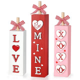 3Pcs Valentine'S Day Table Decorations For Home Indoor Wooden Valentine Table Centerpiece Block Sign Wood Love Tiered Tray Tabletop Decor For Office Desk Shelf Wedding Anniversary Party Supplies Heart
