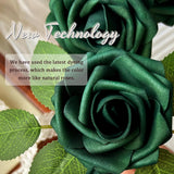 50Pcs Emerald Green Artificial Flowers Foam Fake Dark Hunt Green Rose With Stems 12 Leaves Real Looking Faux Roses For Wedding Bouquets Bridal Shower Centerpieces Arrangements Party Tables Decoration