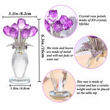 Crystal Purple Rose Flower Bouquet Figurine With Vase, Handmade Glass Rose Flower Gifts For Women On Mother'S Day Anniversary, Crystal Flowers With Stem Home Table Decor For Christmas