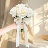 8.5 Inches Wedding Bouquet Cream Artificial Flower Bouquet 15 Faux Roses For Bride Wedding Marriage Proposal Party Church Decoration