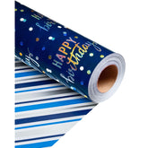 Birthday Wrapping Paper Roll, Blue Metallic Holographic Happy Birthday Wrapping Paper Featuring Revesible Stripe Gift Wrap Paper For Boys Kids Girls Men, 17 Inches X 33 Feet