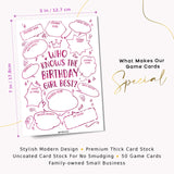 50 Who Knows The Birthday Girl Best Game Cards, Fun Birthday Games For Kids & Adults, Pink Bubbles