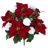18 Stems Artificial Poinsettia Bouquet Fake Christmas Flower, Faux Velvet Poinsettia Carnations - For Home Decor, Holiday Bush, Indoor Floral, Cemetery Flowers - White/Red