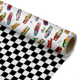 Race Car Reversible Wrapping Paper Roll - Gift Wrap With Black & White Checkered Flag On Reverse- Perfect For Holidays, Birthdays, Babay Shower And Christmas - 17.5 In X 33 Ft (48 Sq. Ft)