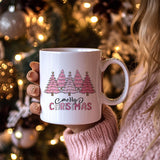 Merry Christmas Cute Pink Coffee Mugs, Christmas Tree Winter Ceramic Coffee Mug, Christmas Holiday Drinking Party Mugs For Coffee Tea Hot Coco Lattes, 11Oz Ceramic Cup White