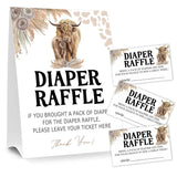 Diaper Raffle Tickets For Baby Shower Game, 1 Standing Sign & 50 Guessing Cards For Baby Shower Party Decoration, Holy Cow, Boho Highland Cow