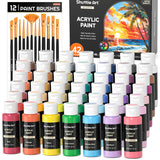 Acrylic Paint, 42 Colors Acrylic Paint Set With 12 Brushes, 2Oz/60Ml Bottles, Rich Pigmented, Water Proof, Premium Paints For Artists, Beginners And Kids On Canvas Rocks Wood Ceramic