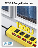Heavy Duty Metal Surge Protector Power Strip 6 Outlets Individual Switches 1200J 6FT 14AWG Flat Plug