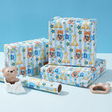 Baby Shower Wrapping Paper Roll - Blue Animal Heart Theme Newborn Gift Wrap Paper For Boy Baby Shower, Children'S Christening, Birthday, New Mommy - 17.5 In X 16.5 Ft?Cut Lines On Back