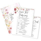 Floral Fill In Baby Shower Game Cards - Name That Baby Song Game For Boys & Girls - Watercolor Flowers Gender Reveal Party Activities For New Parents To Be - B08