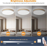 Modern Wood LED Ceiling Light with Remote 24W Dimmable Flush Mount Fixture