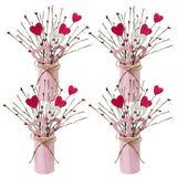 4 Sets Valentine'S Day Table Centerpiece Red Pink White Wood Heart Berry Stems Picks With Metal Pot Artificial Valentine Flowers Floral Arrangement For Wedding Party Fireplace Decor