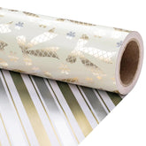 Christmas Reversible Wrapping Paper Roll For Girls, Mini Roll, Gold Foil Bow And Snowflake Design, Gold And White Stripes Gift Wrap Paper Ideal For Holiday Gifts, 17 Inches X 32.8 Feet