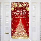 Merry Christmas And Happy New Year Door Banner Decorations Red Gold Merry Xmas Tree Snowflake Hanging Covers Christmas Eve Porch Sign Banners For Front Outside Indoor Outdoor Party Decor