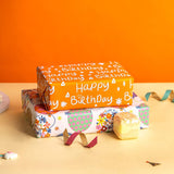 Reversible Birthday Wrapping Paper Roll For Girls Women, Happy Birthday Lettering, Orange Flower Balloon Design, Mini Roll, 17 Inches X 32.8 Feet (46.45 Sq.Ft.)