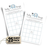 Blue Elephant Baby Shower Bingo Game - Blank Cards For Guests To Fill In Gift Guesses - Boys Jungle Animal Theme - 25 Pack